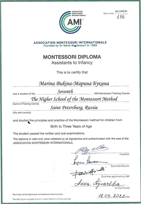 AMI Montessori Diploma — Marina Bukina, 2022